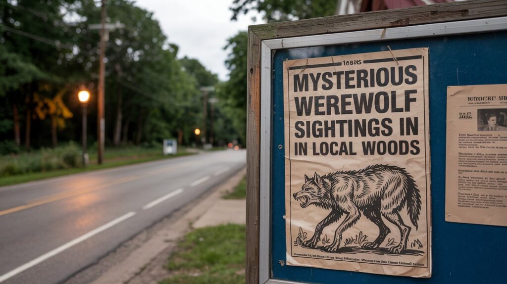 A small 1980s Wisconsin town with a dimly lit rural road. A newspaper clipping with a werewolf-like sketch is pinned to a board, hinting at early reports of the Beast of Bray Road.