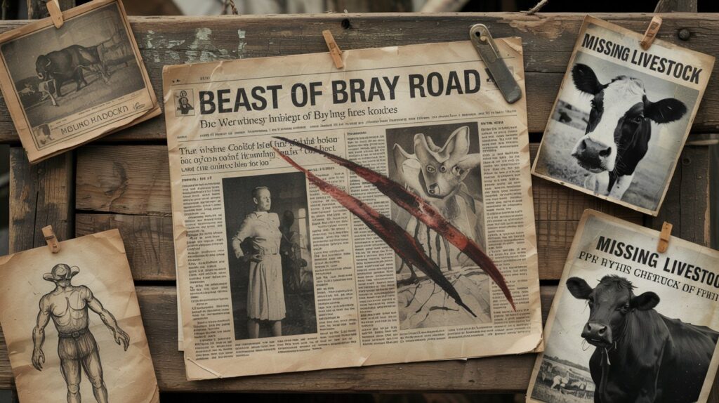 A vintage-style collage of newspaper clippings, witness sketches, and a ‘Missing Livestock’ poster related to the Beast of Bray Road, with mysterious claw marks scratched across the surface.