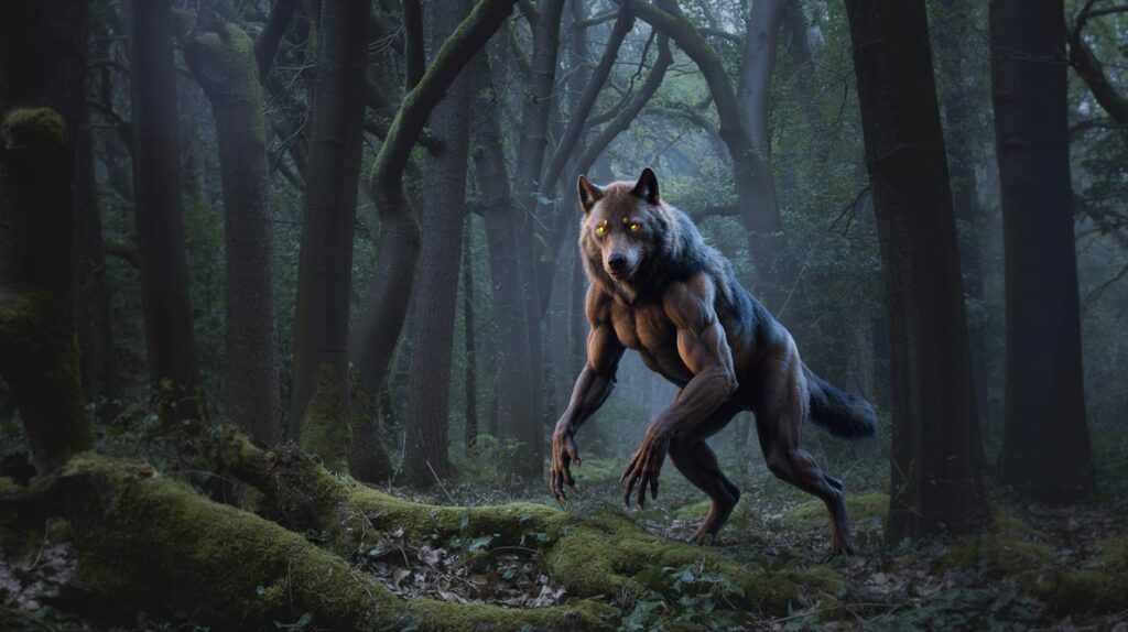 A shadowy humanoid-wolf creature with glowing yellow eyes stands in the woods at night. A frightened person watches in fear as the creature lurks in the darkness.