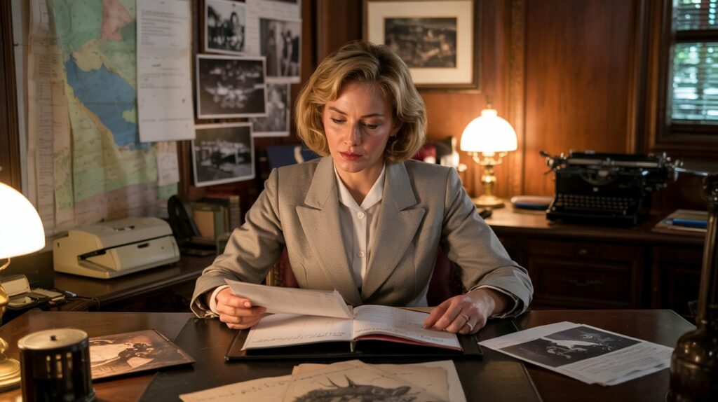 A 1990s journalist sitting at a cluttered desk, reviewing witness reports and sketches of a mysterious creature. Papers, maps, and an old typewriter surround her as she investigates the legend.