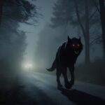 A dark, foggy rural road at night with dense trees on both sides. A shadowy, wolf-like creature with glowing eyes stands in the distance, partially hidden by the mist.