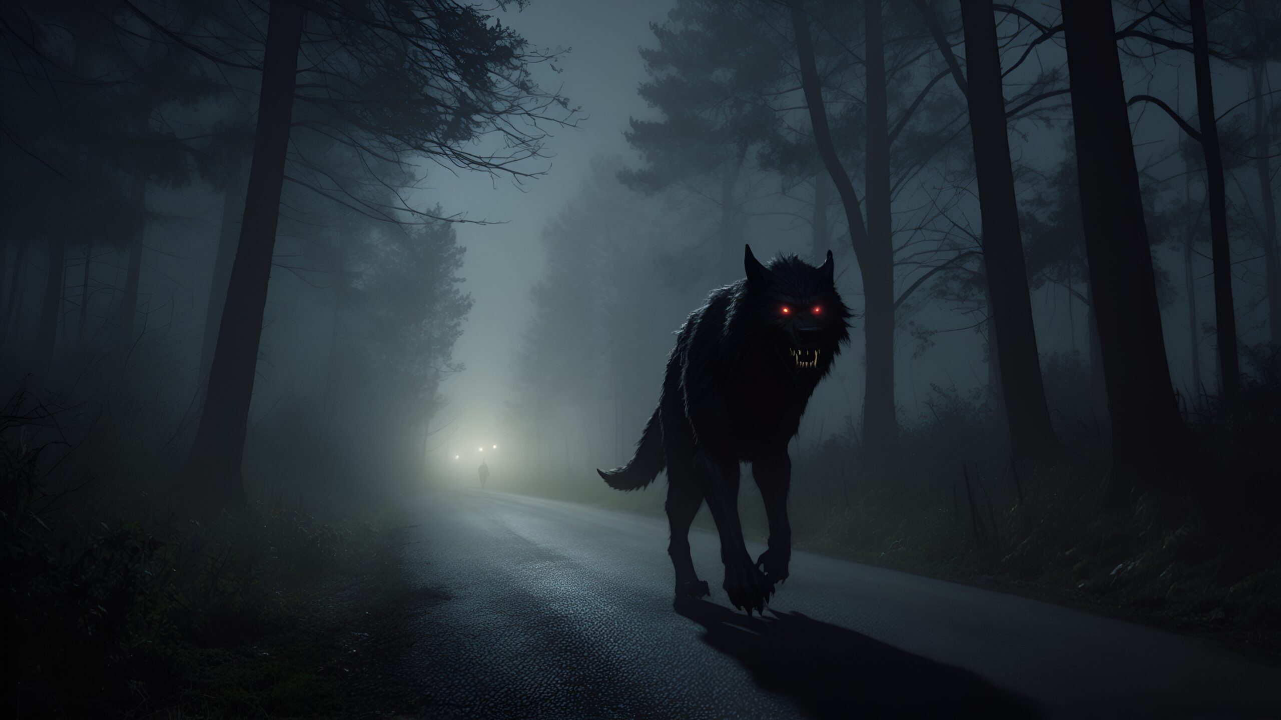 A dark, foggy rural road at night with dense trees on both sides. A shadowy, wolf-like creature with glowing eyes stands in the distance, partially hidden by the mist.