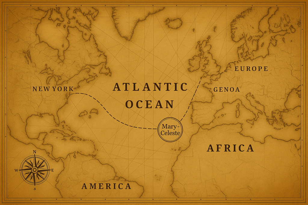 Historical map showing the Mary Celeste's course from New York to Genoa and where it was found