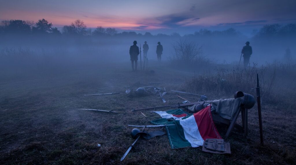 A fog-covered battlefield at dawn with ghostly soldier figures barely visible in the mist.