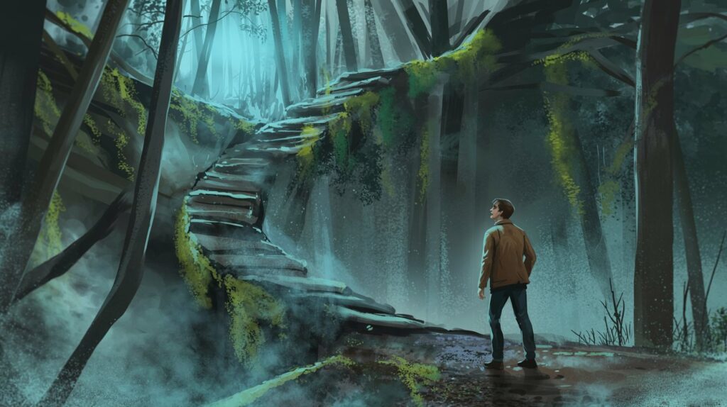 A lone hiker stands in awe before an enigmatic staircase disappearing into a foggy forest