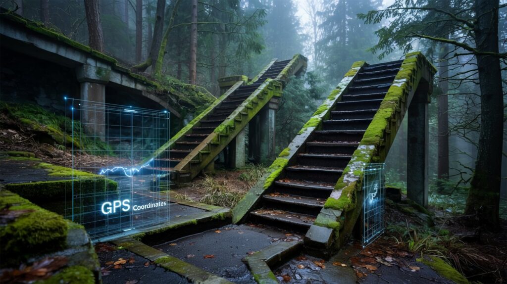 Multiple ghostly staircases overlayed with faint digital map markings and GPS coordinates in a dense woodland