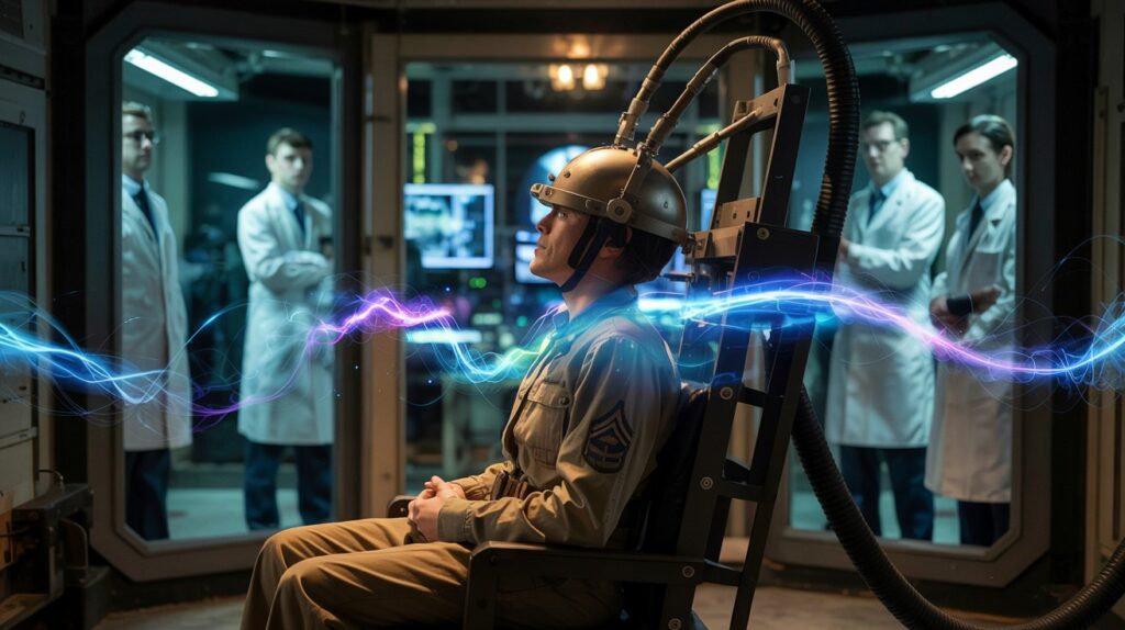 A person in a mind control experiment, wearing a futuristic helmet, while scientists observe behind a glass panel.