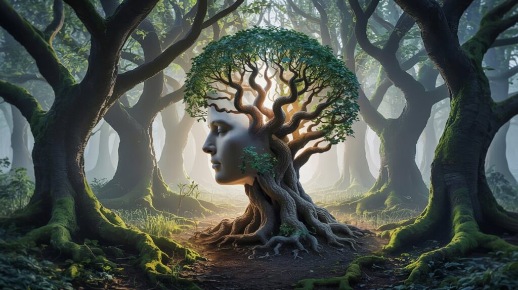 A surreal fusion of a human silhouette and a shadowy forest environment, representing psychological dissonance