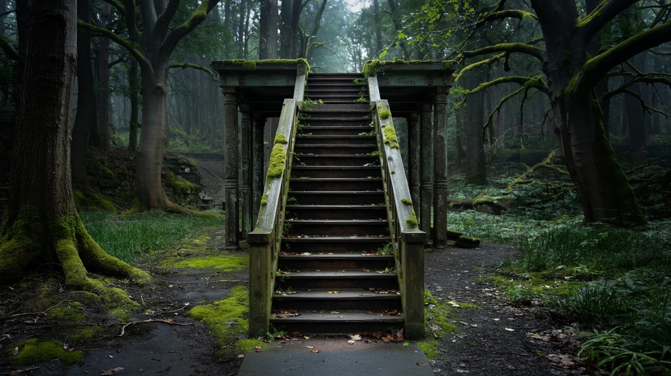 A haunting image of Staircases in the Woods, moss-covered and standing alone in a dark, dense forest with beams of sunlight piercing through the trees