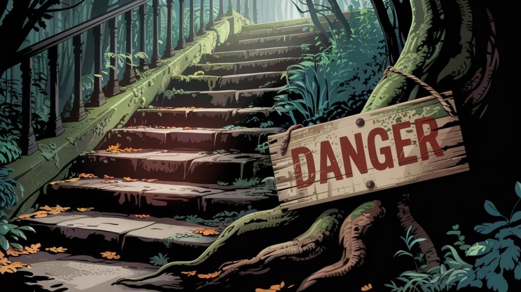 An old, dilapidated staircase in the woods with a prominently displayed, vintage caution sign