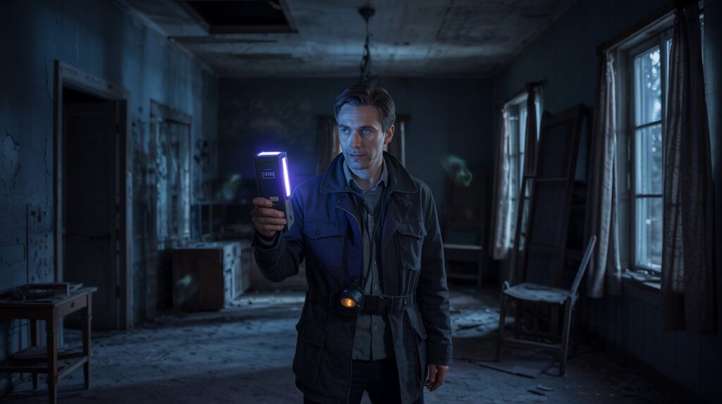 A paranormal investigator holding an EMF reader in a dark, abandoned house.