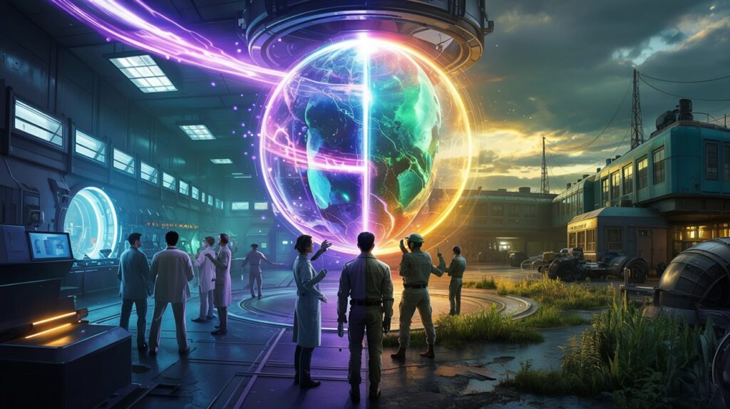A comparison of science fiction versus reality, showing a sci-fi experiment on one side and a real, abandoned military base on the other.
