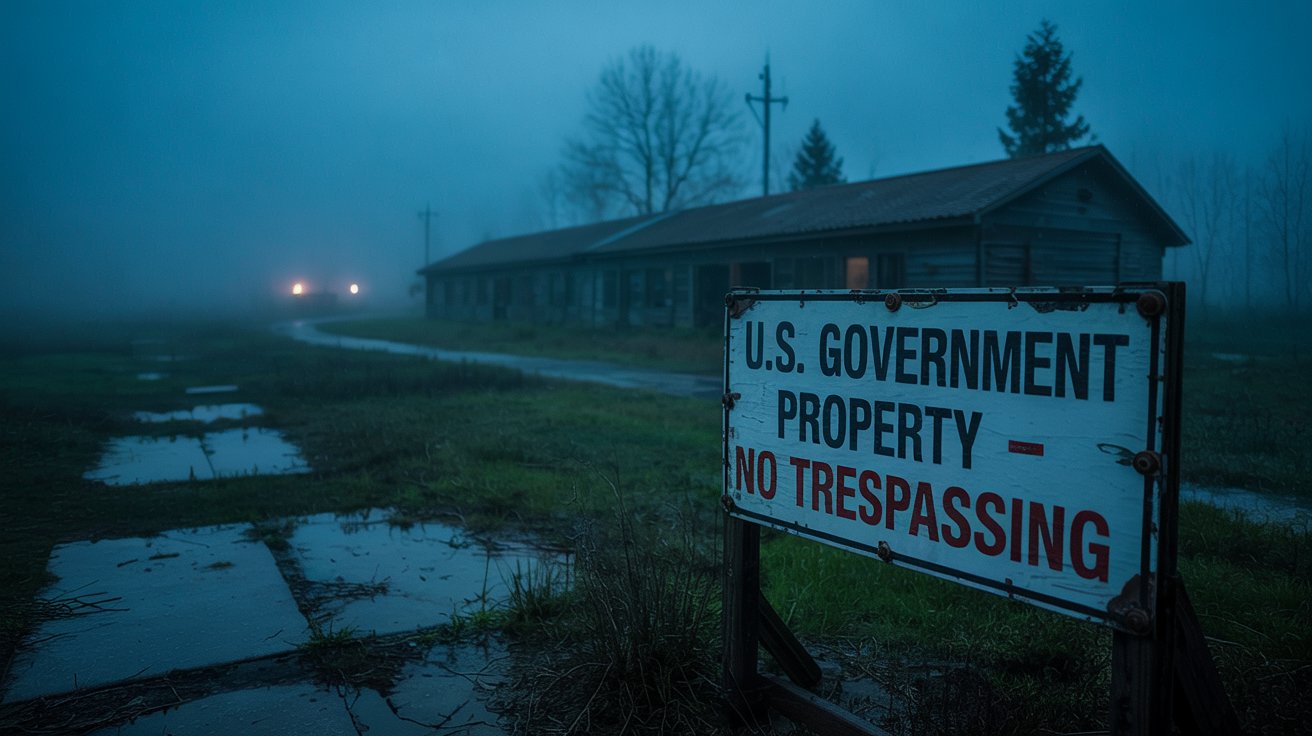 An abandoned military base shrouded in fog, with a 'No Trespassing' sign in front, evoking the mystery of the Montauk Project.