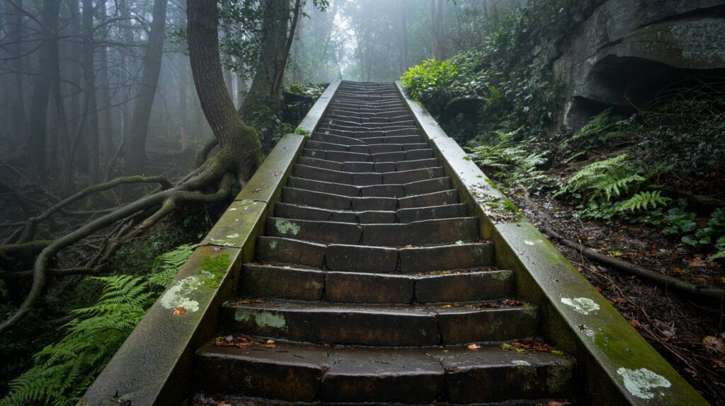 An ancient, weathered Staircases in the Woods partially shrouded in fog and forest mist, evoking timeless mystery