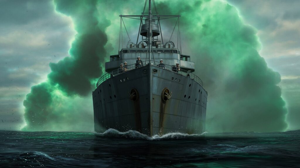 A naval ship fading into a green mist, representing the mystery of the Philadelphia Experiment.