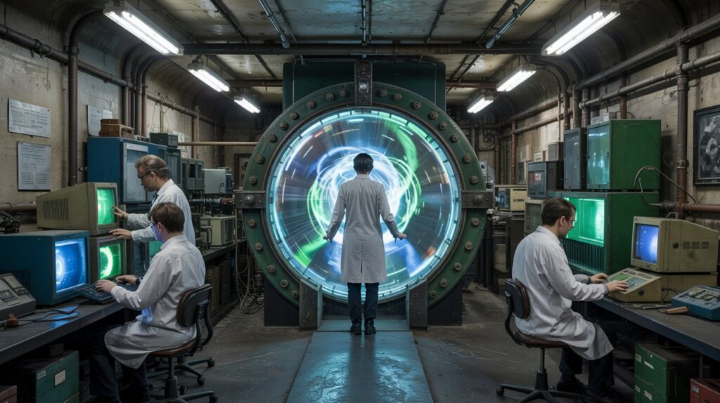 A secret underground lab with a glowing time portal, surrounded by scientists monitoring equipment.