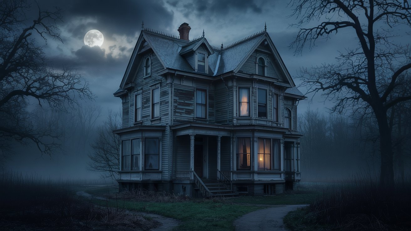 An eerie, fog-covered abandoned house with dim lights glowing in the windows, surrounded by leafless trees under a full moon.