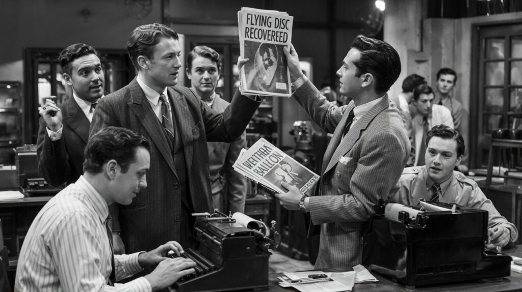 Journalists react to conflicting headlines about the Roswell flying disc in 1947
