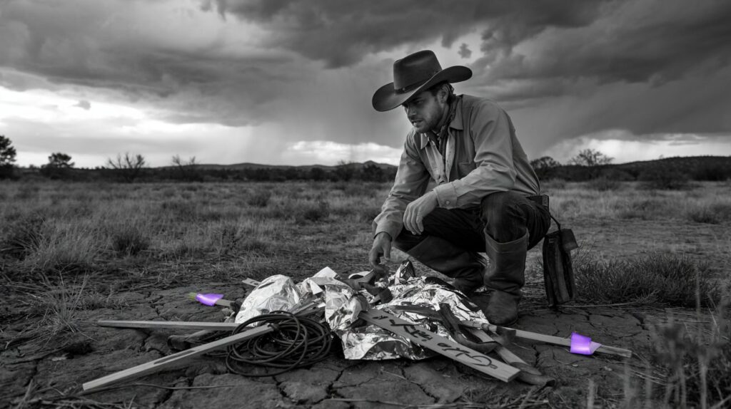 William "Mac" Brazel stands in a field examining mysterious debris under stormy skies