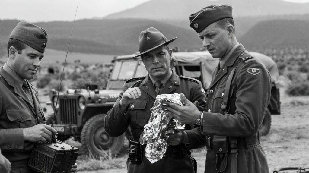 U.S. Army personnel investigate debris at a remote crash site near Roswell, 1947
