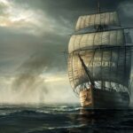An eerie 19th-century sailing ship drifting without crew on a misty ocean
