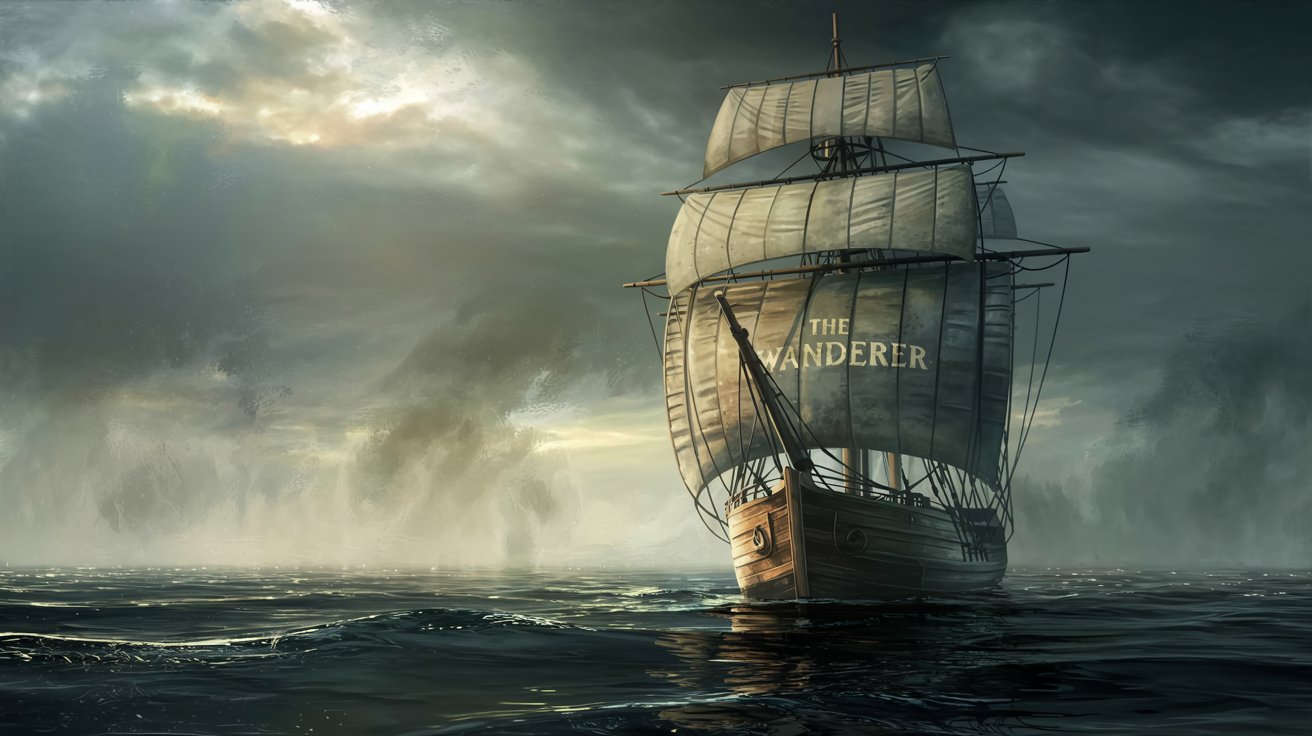 An eerie 19th-century sailing ship drifting without crew on a misty ocean