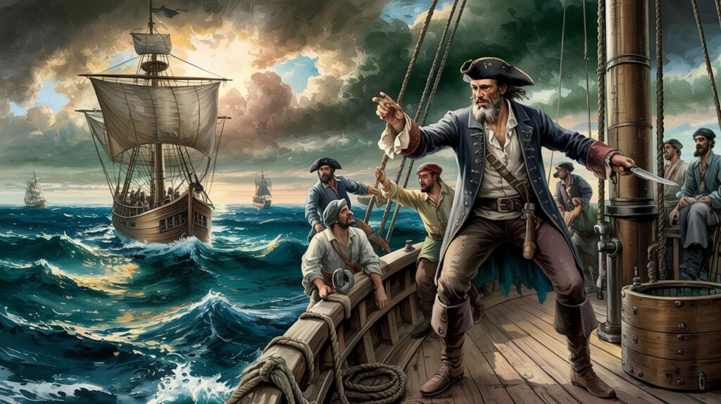 19th-century pirates boarding a merchant ship in the Atlantic Ocean