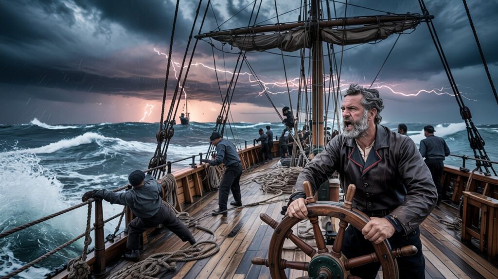 A tense group of sailors and a captain debating evacuation in stormy seas