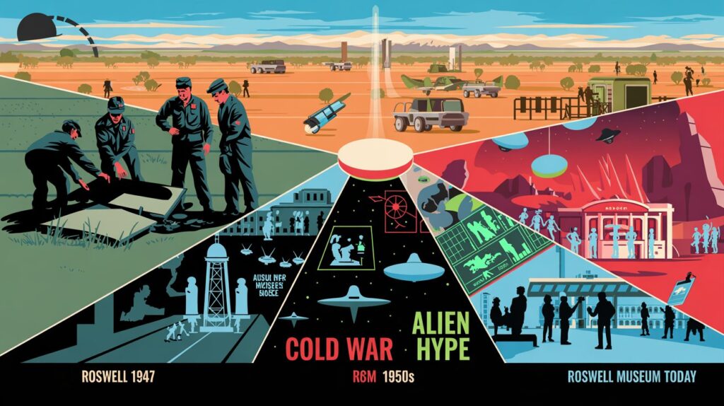 Illustration showing the evolution of the Roswell Incident Timeline, from the 1947 debris discovery through Cold War secrecy and pop culture myth to modern-day museum tourism