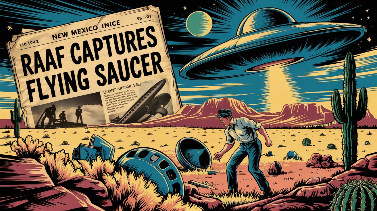 Collage of the 1947 Roswell Incident including the desert, flying disc, debris discovery, and historic newspaper